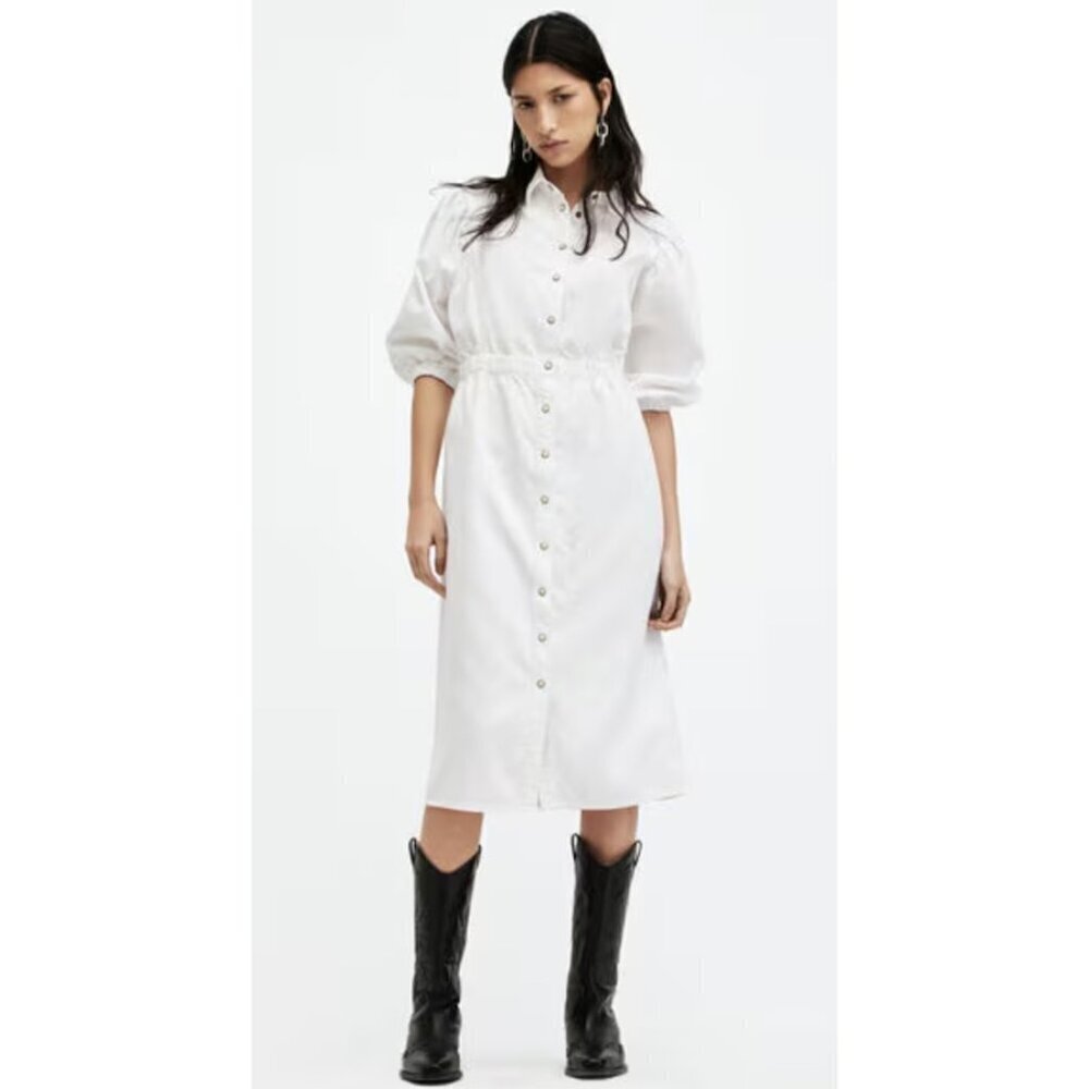 ALLSAINTS Osa Puff Sleeve Denim Shirtdress in Wash Chalk White Size US 6